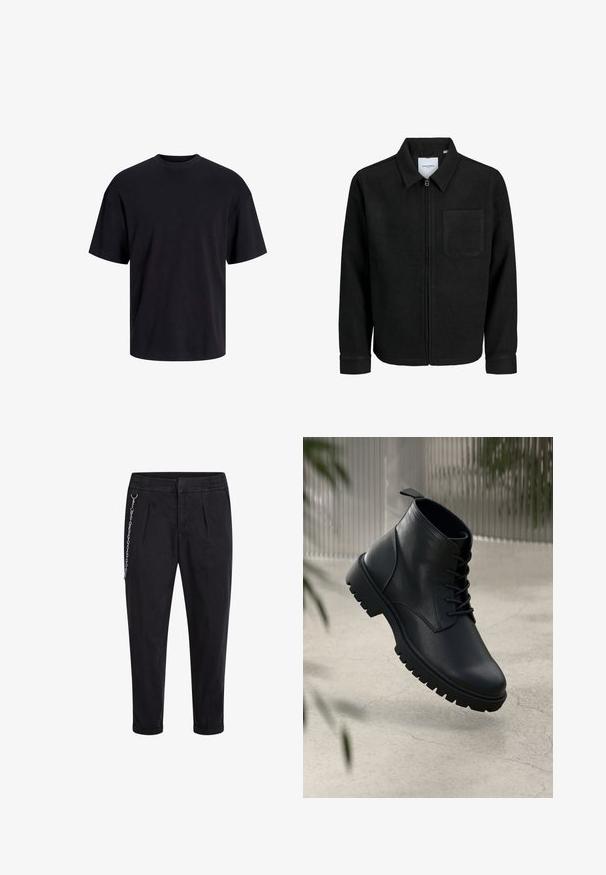 Crna jakna na zip s ovratnikom i jednim džepom na prsima, prikazana na bijeloj pozadini.; Crna pamučna majica s okruglim izrezom, kratkim rukavima i opuštenim krojem. Glatka tekstura bez vidljivih uzoraka ili dekoracija.; Crne hlače s elastičnim pojasom, s prednjim nabora i srebrnim lancem na lijevoj strani. Tkanina od mješavine pamuka.; Crne kožne čizme do gležnja s округлим prstima, čipkastim dizajnom i robusnim gumenim đonom. Glatka tekstura s trakicom na stražnjoj strani.