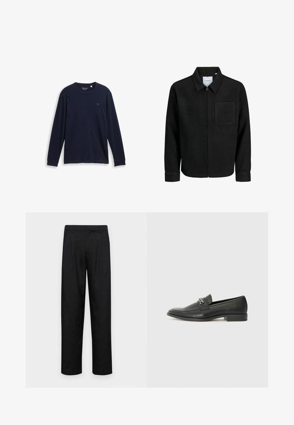 Czarna kurtka z zamkiem na całej długości, z kołnierzem i jedną kieszenią na piersi, umieszczona na białym tle.; Granatowa, długi rękaw T-shirt wykonany z miękkiej bawełny, z okrągłym dekoltem, przeszytymi brzegami oraz małym, haftowanym logo na piersi.; Czarne spodnie wykonane z gładkiego materiału, z prostą nogawką, dwoma fałdami z przodu oraz standardowym paskiem z wypustkami na pasek.; Czarne skórzane mokasyny o gładkim wykończeniu, z haftowanym wzorem i dekoracyjnym akcentem z metalowego łańcucha na wierzchu. Płaska pięta.