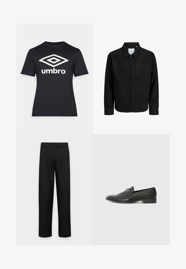 Črna jakna z zadrgo in ovratnikom ter enim žepom na prsih, prikazana na beli podlagi.; Črna majica s kratkimi rokavi iz bombaža, z velikim belim diamantom in napisom "umbro" spredaj. Klasična kroj.; Črne hlače iz gladkega materiala, s krojem ravne noge, dvema sprednjima pregiboma in standardnim pasom z zankami za pas.; Črni usnjeni loafer z gladko površino, ki ima šivano zasnovo in dekorativni kovinski verižni naglas preko vampirja. Ravno peto.