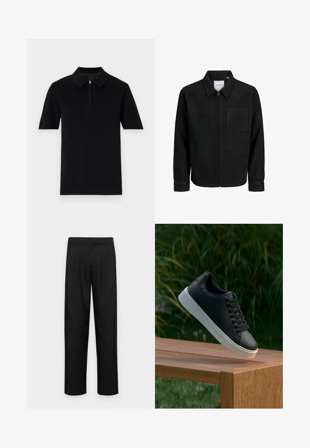 Fekete, zipzáros dzseki gallérral és egyetlen mellzsebbel, fehér háttéren.; Fekete, rövid ujjú pólóing sima anyagból, cipzáros gallérral és egyenes szegéllyel. Egyszerű és minimalista dizájn.; Fekete nadrág sima anyagból, egyenes szárú fazonnal, két elülső redővel és közönséges derékkal, övhurkokkal.; Fekete bőr sportcipő sima textúrával, fehér gumitalppal és hat lukkal a fűzőknek, amely egy fa felületen van bemutatva.