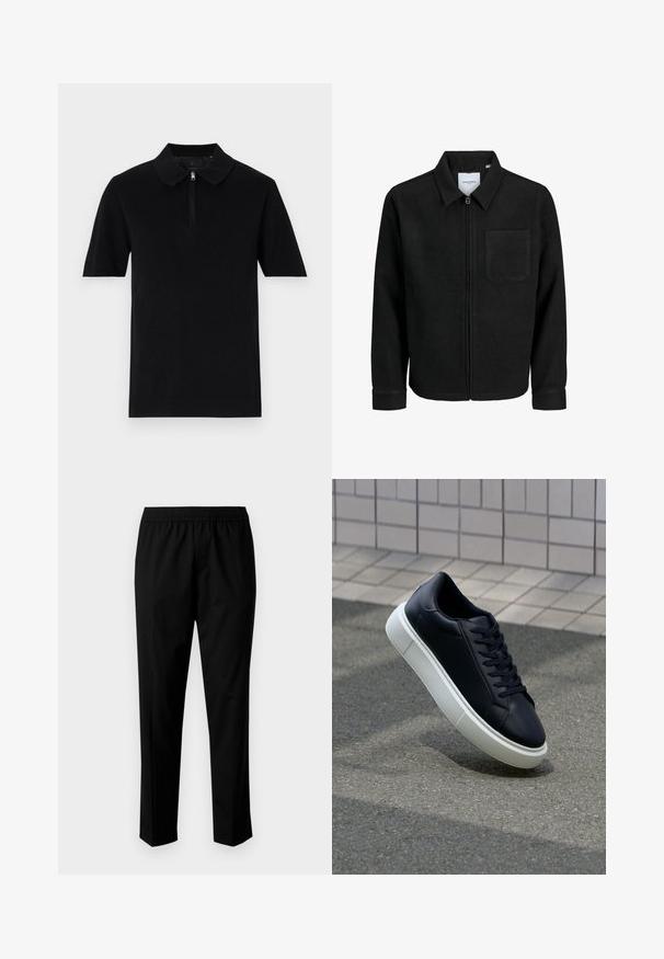 Mustaga lukuga jakker, millel on krae ja üks rinna-tasku, esitatud valgel taustal.; Must musta lühikese varrukaga polo särk, mis on valmistatud siledast kangast, varustatud lukuga kaelusega ja otse hemiga. Lihtne ja minimalistlik disain.; Mustad püksid elastse vöökoha ja sirgete säärekujundiga. Riie tundub sile ja matt, ilma nähtavate mustriteta.; Mustast nahast tennisetoss, millel on ümar nina ja valge kummist tall. Omab siredaid paelu ja minimaalset õmblemist ülemises osas. Tekstuuriga tald, mis tagab haakuvuse.