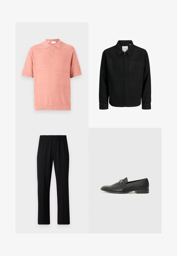 Mustaga lukuga jakker, millel on krae ja üks rinna-tasku, esitatud valgel taustal.; Lühikeste varrukatega polo heleses roosas toonides, millel on tekstuurilised mustrid ja kahe nööbiga krae. Valmistatud pehmest ja hingavast kudumisest.; Mustad, elastse puusärgid sirge säärega, mis on sileda tekstuuriga ja ilma nähtavate mustrite või riistadega.; Must haveate nahkking punased, millel on sile viimistlus, tikitud muster ja dekoratiivne metallkett vampi üle. Tasane konts.