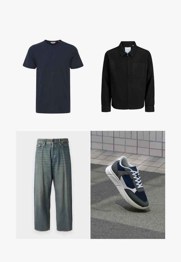 Fekete, zipzáros dzseki gallérral és egyetlen mellzsebbel, fehér háttéren.; Tengerészkék, rövid ujjú pamut póló, kerek nyakkivágással és három gombos légzőnyílással. Simák a textúrája, minta nélkül.; Világoskék farmernadrág, laza fazonnal, közepes derékbőséggel és egyenes szárral. Öt zsebet, övbucskát és gombos záródást tartalmaz.; Cipő, amelynek sötétkék hálós felsőrésze, szürke velúr díszítései, fehér gumitalpa és lapos fehér fűzője van, a kényelem és a légáteresztő képesség érdekében tervezve.
