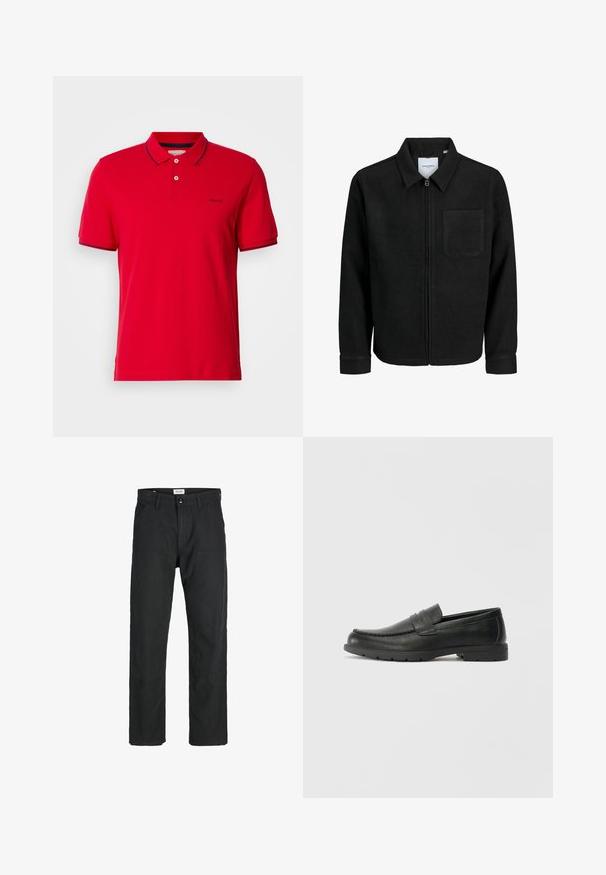 Mustaga lukuga jakker, millel on krae ja üks rinna-tasku, esitatud valgel taustal.; Punane puuvillane polo särk, klassikalise krae ja kahe nupuga, sametiste siniste triipudega varrukatel ja krael. GANT logo on kohal.; Mustad mustad, mis on valmistatud vastupidavast kangast, sirge jala disainiga, õmmeldud detailidega ja kahe eesmise taskuga funktsionaalsuse jaoks.; Musthave nahkkingad siledast nahast, mokassiini stiilis ülevalt, tikanditega ja kummist tallaga. Klassikaline disain madala kontsaga.