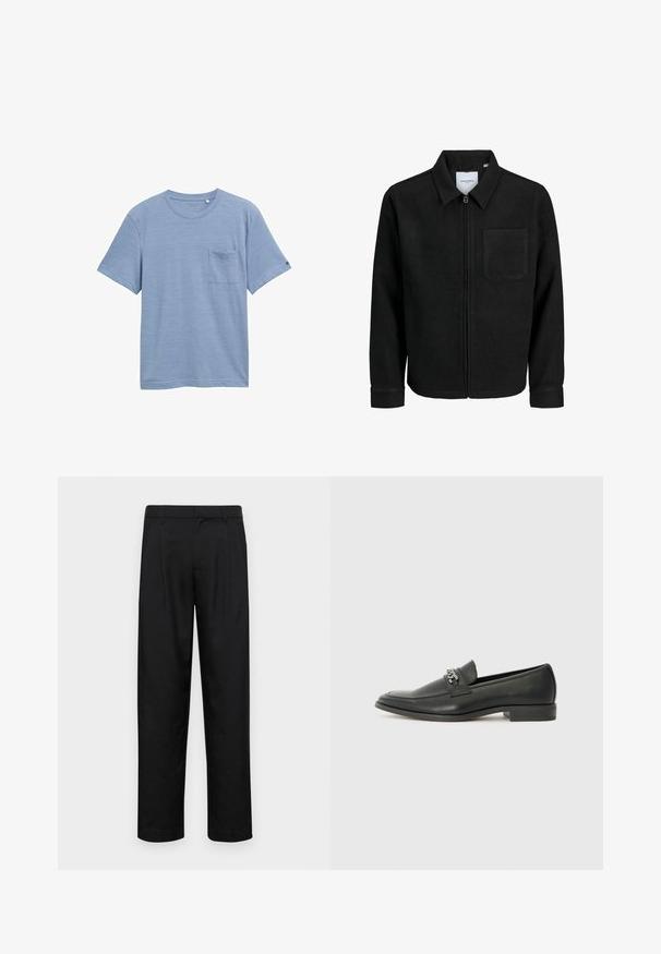 Fekete, zipzáros dzseki gallérral és egyetlen mellzsebbel, fehér háttéren.; Világoskék, rövid ujjú póló, texturált anyagból készült, kerek nyakkal és bal oldalon egy mellzsebbel.; Fekete nadrág sima anyagból, egyenes szárú fazonnal, két elülső redővel és közönséges derékkal, övhurkokkal.; Fekete bőr loaferek sima felülettel, varrott mintával és díszítő fém lánccal a cipő elején. Lapos sarok.
