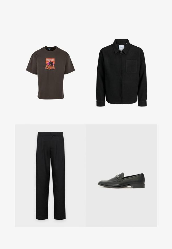 Črna jakna z zadrgo in ovratnikom ter enim žepom na prsih, prikazana na beli podlagi.; Temno rjava bombažna majica s grafičnim tiskom avtomobila in besedo "Market" v živahnih barvah, sproščenega kroja in kratkimi rokavi.; Črne hlače iz gladkega materiala, s krojem ravne noge, dvema sprednjima pregiboma in standardnim pasom z zankami za pas.; Črni usnjeni loafer z gladko površino, ki ima šivano zasnovo in dekorativni kovinski verižni naglas preko vampirja. Ravno peto.