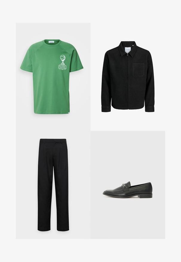 Melna jaka ar rāvējslēdzēju un apkakli, vienu krūšu kabatu, parādīta uz baltas fona.; Zaļš kokvilnas T-krekls ar apaļu kakla izgriezumu un īsām raglanu piedurknēm. Priekšpusē ir grafika ar basketbola trofeju un tekstu zem tās.; Melnas bikses, izgatavotas no gludas auduma, ar taisnu kāju dizainu, divām priekšējām krokām un standarta jostu, kurai ir āķi.; Melna ādas loafer izmēra apavi ar gludu virsmu, piedāvā ar šūtu dizainu un dekoratīvu metāla ķēdes akcentu pār vampu. Plakana papēža daļa.