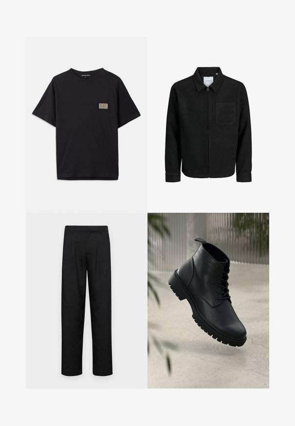 Black zip-up jacket with collar and single chest pocket, displayed on white background.; Black cotton t-shirt with short sleeves, featuring a small rectangular gold texture patch with "MK" logo on the left chest area.; Black trousers made of smooth fabric, featuring a straight-leg design, two front pleats, and standard waistband with belt loops.; Black leather ankle boots with a rounded toe, lace-up design, and rugged rubber sole. Smooth texture with a pull tab at the back.