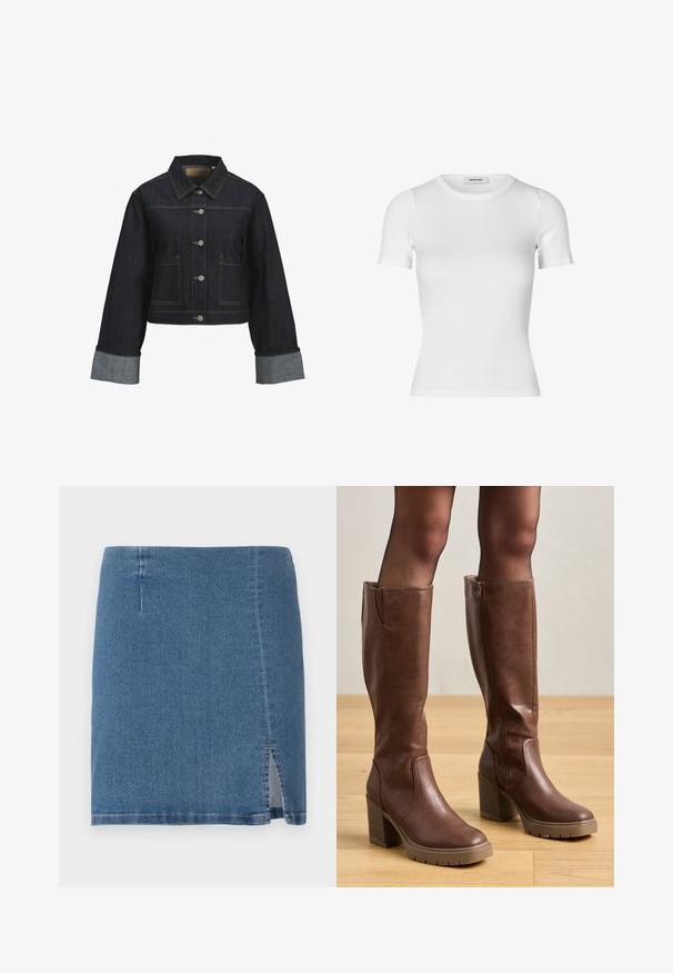 Tmavomodrá džínová bunda s kratším strihom, mosadznými gombíkmi, náprsními vreckami a kontrastnými svetlejšími manžetami. Má klasický golier a detaily prešitia.; Biela krátka tričko s krátkym rukávom vyrobené z rebrovanej bavlny. Priliehavý strih s okrúhlym výstrihom a hladkou textúrou. Bez vzorov alebo ozdôb.; Džínová mini sukňa v stredne modrej farbe, s rovno strihaným strihom, miernym bočným rozparkom a čistým prešitím pozdĺž lemov a švov.; Anna Field Čižmy na platforme - cognac