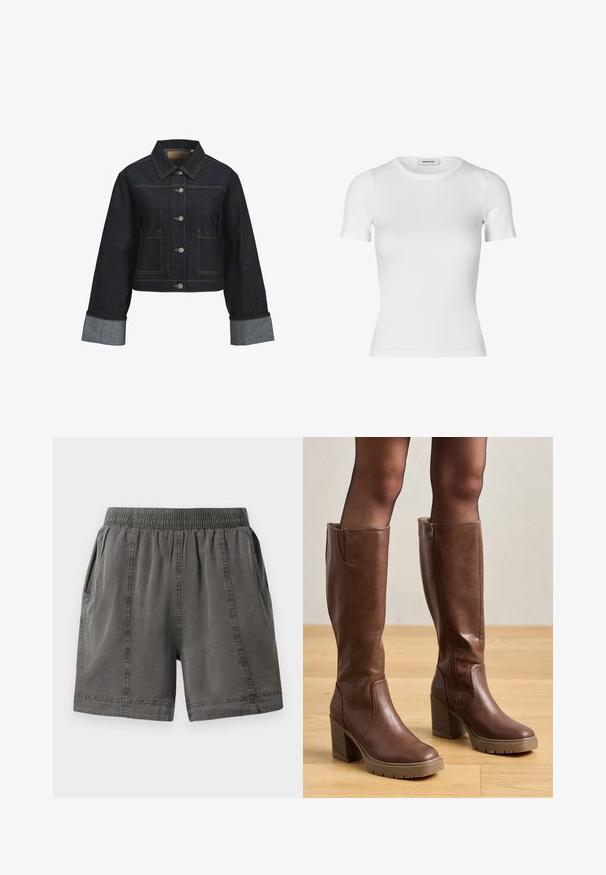 Tumša džinsu jaka ar izgrieztu dizainu, misiņa pogām, krūšu kabatām un kontrastējošām gaišām piedurknēm. Iespējams klasiskā apmale un šuvju detaļas.; Baltas īsām piedurknēm T-krekls, izgatavots no ribota kokvilnas auduma. Pieguļošs dizains ar apaļu izgriezumu un gludu tekstūru. Bez rakstiem vai rotājumiem.; Pelēki, kokvilnas maisījuma šorti ar elastīgu jostu, sānu kabatām un izšuvumu detaļām gar šuvēm. Mīksta tekstūra un brīva piegriezuma.; Anna Field Zābaki ar platformu - cognac