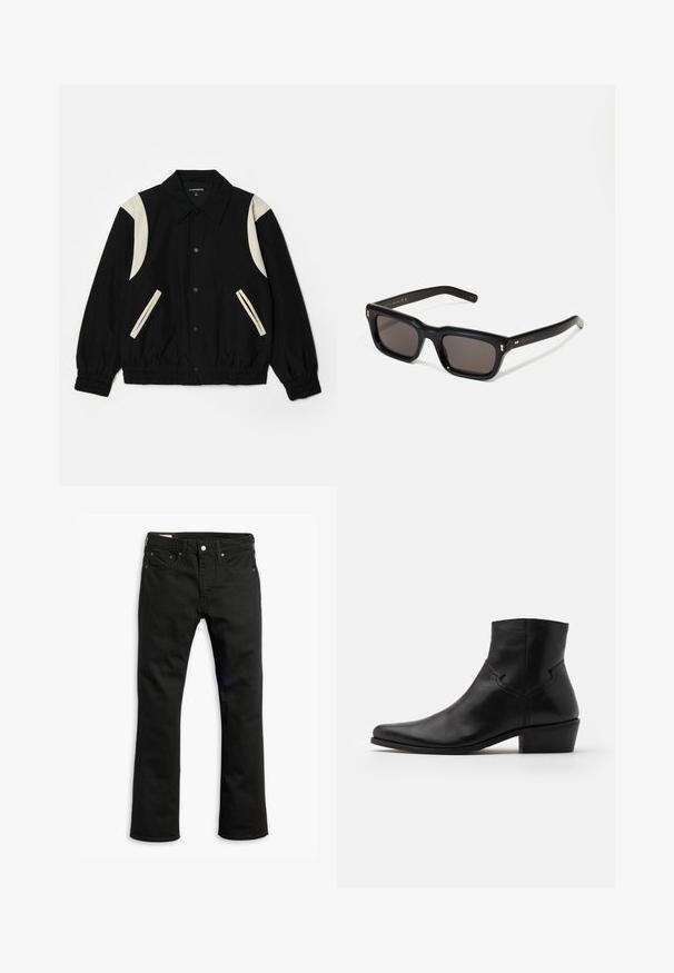 Czarna kurtka z elastycznymi mankietami, z kremowymi akcentami na ramionach i kieszeniach. Zapięcie na napy, lekka tkanina, luźny krój.; Beżowy sweter z długim rękawem i okrągłym dekoltem, wykonany z miękkiego materiału, z prążkowanymi mankietami i dołem, charakteryzujący się gładką fakturą i minimalistycznym designem.; Czarne dżinsy o prostym kroju nogawki, pięcioma kieszeniami, metalowym zapięciem na guzik oraz subtelnymi detalami przeszycia. Gładka tekstura i jednorodny kolor.; Czarne skórzane botki za kostkę z ostrym noskiem, minimalnymi detalami szwów, średniej wysokości obcasem blokowym i gładkim, wypolerowanym wykończeniem.; Czarne prostokątne okulary przeciwsłoneczne z ciemnymi soczewkami, grubą plastikową oprawą, złotymi akcentami na zausznikach oraz wygrawerowanym logo marki na ramieniu.