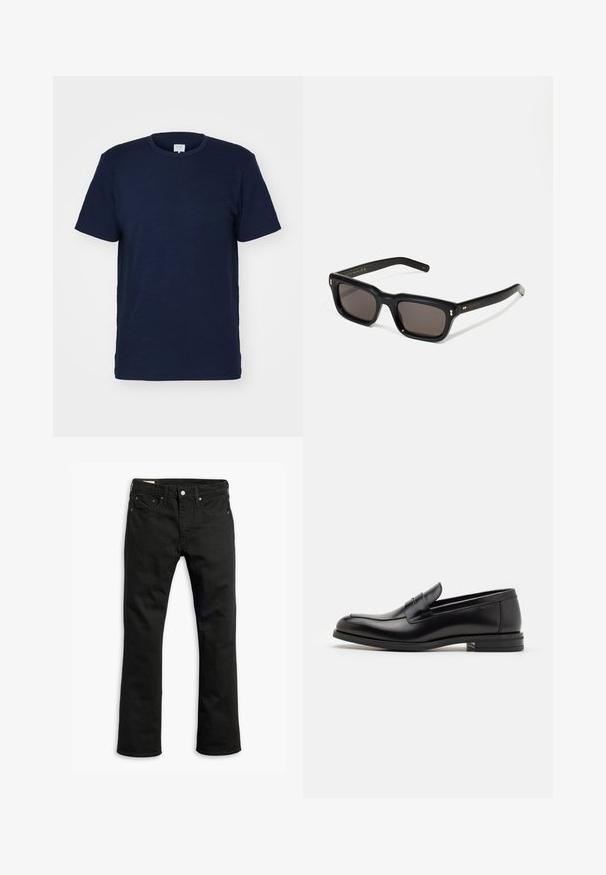 Melna jaka ar elastīgām aprocēm, kuras iezīmē krēmkrāsas akcenti uz pleciem un kabatām. Ar pogu aizdari, viegls audums, brīvs piegriezums.; Tums navy zils ar īsām piedurknēm un apaļu kakla izgriezumu, izgatavots no mīksta auduma, ar gludu tekstūru un vienkāršu dizainu bez rakstiem.; Melnas džinsu bikses ar taisnu kāju dizainu, piecām kabatām, metāla pogu aizdari un smalkām šuvju detaļām. Gluda tekstūra un vienota krāsa.; Melnas ādas kurpes ar gludu tekstūru, noapaļu purngalu un dekoratīvu siksniņu pāri priekšpusei. Zems sakrauts papēdis, minimālisma dizains.; Melnas taisnstūra formas saulesbrilles ar tumšiem stikliem, bieza plastmasas rāmja, zelta akcenti pie tempļiem un zīmola logo iegravēts roku daļā.