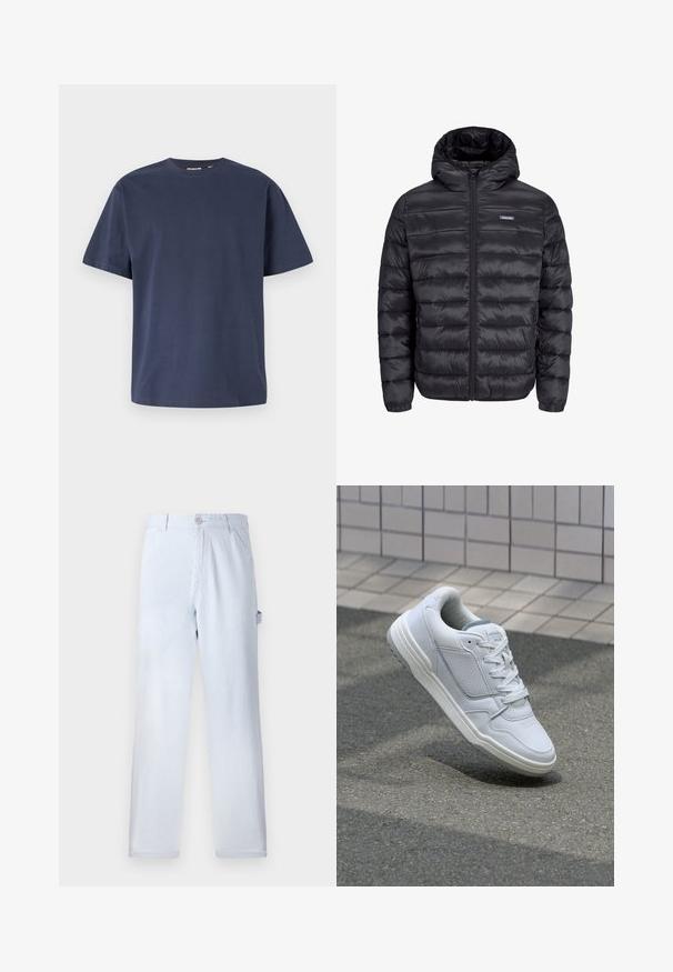 Czarna kurtka puffer z kapturem. Posiada pikowane sekcje, zamek błyskawiczny z przodu oraz boczne kieszenie. Gładki, błyszczący materiał z elastycznymi mankietami.; Granatowa bawełniana koszulka z okrągłym dekoltem i krótkimi rękawami. Gładka tekstura, prosty krój i minimalna ilość szwów, co zapewnia klasyczny design.; Jasnoniebieskie spodnie w paski, wykonane z bawełny. Prosty krój nogawki, z zapięciem na guzik z przodu i kieszeniami bocznymi. Miękka tekstura.; Białe skórzane trampki z perforowanymi bokami, teksturowanymi akcentami, płaskimi sznurowadłami i kontrastującym szarym obcasem. Posiadają lekko podniesioną podeszwę.