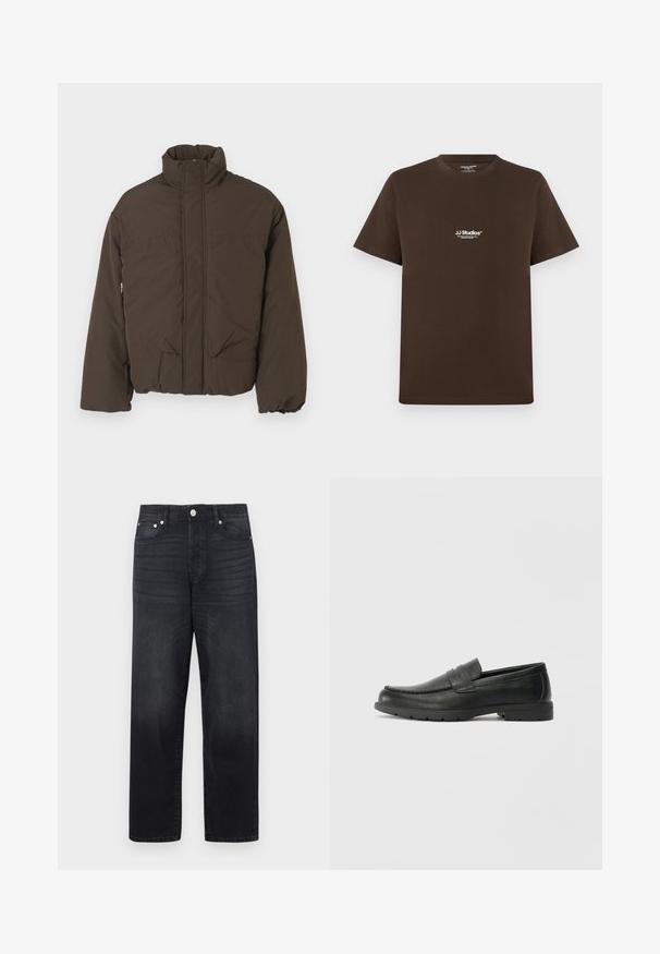 Jaqueta puf castanha com gola alta, fecho frontal, dois bolsos laterais e textura acolchoada. Projetada para aquecer e proporcionar conforto.; T-shirt de algodão castanho com mangas curtas, gola redonda e um pequeno logótipo branco no peito. Textura suave e ajuste regular.; Jeans de ganga pretos com corte reto, design de cinco bolsos, fecho de botão metálico e desbotamento subtil no tecido.; Sapatos mocassins de couro preto com acabamentos lisos, parte superior em estilo mocassins, detalhes em costura e sola de borracha. Design clássico com um salto baixo.