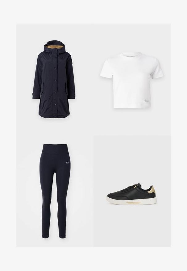 Cappotto impermeabile blu navy con cappuccio, dotato di chiusure a scatto, due tasche laterali e foderato in beige. Adatto per il clima freddo.; T-shirt cropped bianco realizzato in cotone liscio, con un collo alto e maniche corte. Piccolo logo ricamato nell'angolo inferiore.; Leggings blu navy realizzati in tessuto elasticizzato e morbido con vita alta. Presentano un logo sulla coscia sinistra e un design semplice e pulito.; Sneaker in pelle nera con una texture liscia, suola in gomma bianca, dettagli dorati sul tallone e sui passanti dei lacci, con logo sul lato.