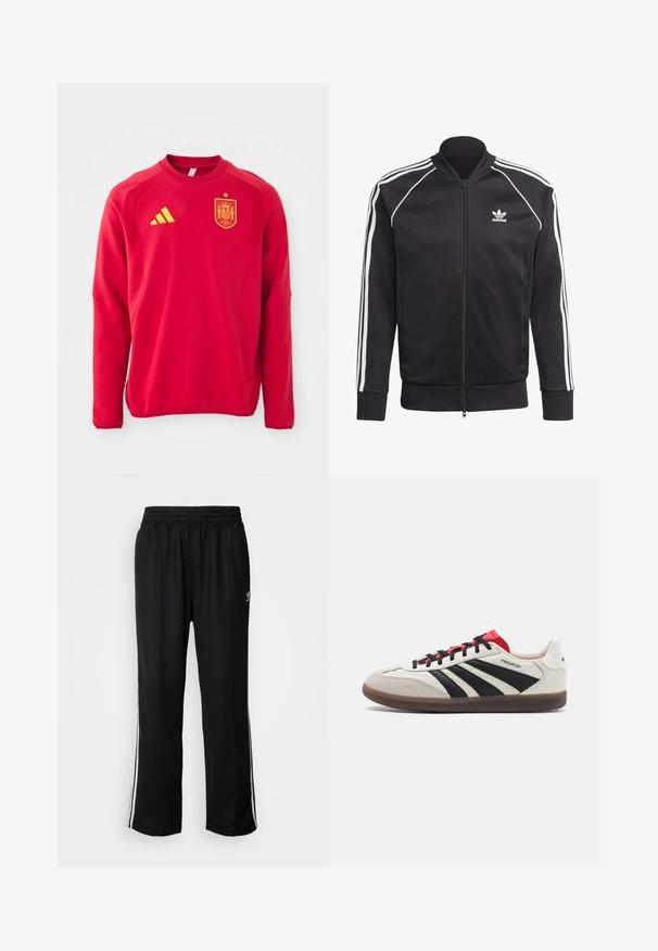Czarna kurtka na zamek, wykonana z gładkiego poliestru, z białymi paskami na rękawach, ściągaczami na rękawach oraz małym białym logo na klatce piersiowej.; Czerwona bluza z długim rękawem, okrągłym dekoltem, teksturowanymi panelami na ramionach, żółtym logo Adidas oraz żółtym herbem reprezentacji Hiszpanii.; Czarne sportowe spodnie z elastycznym paskiem w talii, z białymi paskami po bokach i małym logo. Materiał wydaje się miękki i lekki.; Białe i czarne sneakersy z czerwonymi akcentami, z cholewką z zamszu i skóry, trzema czarnymi paskami, płaskimi sznurowadłami oraz teksturowaną gumową podeszwą.