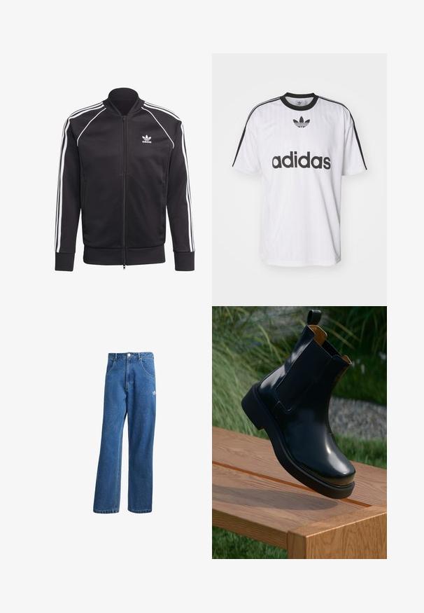 Chaqueta negra con cremallera hecha de poliéster liso, que presenta franjas blancas en las mangas, puños acanalados y un pequeño logo blanco en el pecho.; Camiseta blanca de Adidas con detalles en negro, cuello redondo y un gran logo negro en la parte frontal. Mangas cortas con franjas negras. Tejido texturizado.; Vaqueros de mezclilla anchos de talle alto en azul, con bolsillos frontales, presillas para cinturón, cierre de botón y pequeño logo de Adidas en el muslo derecho.; Botín chelsea de cuero negro con acabado suave, paneles laterales elásticos, punta redondeada y suela de goma gruesa, posicionado sobre una superficie de madera.