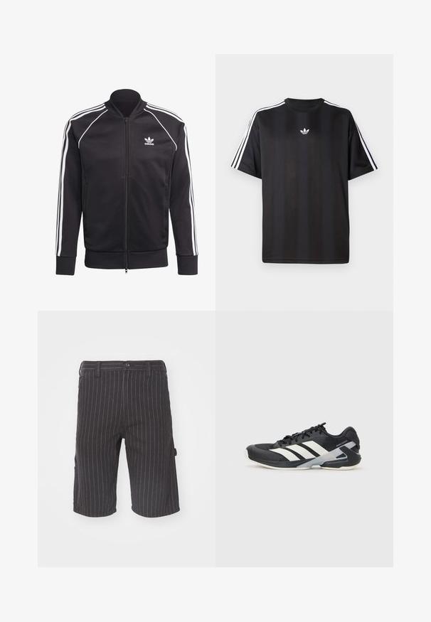 Svart glidelåsjakke laget av glatt polyester, med hvite striper på ermene, ribbede mansjetter og en liten hvit logo på brystet.; Svart t-skjorte med kort erm og hvite tre-stripes detaljer på skuldrene og en liten hvit logo på brystet. Mjuk stofftekstur.; Svart stripete shorts med rett snitt, med knappelukking og sidelommer, laget av en strukturert bomullsblanding.; Svart treningssko med hvite striper, mesh-overdel, avrundet tå og polstret såle. Har en teksturert hæl og et sikkert snøresystem.
