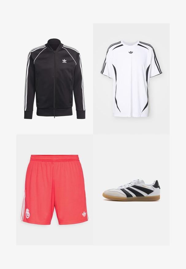 Giacca nera con zip realizzata in poliestere lucido, con strisce bianche sulle maniche, polsini a costine e un piccolo logo bianco sul petto.; T-shirt bianco a maniche corte con dettagli neri ai lati e tre strisce nere sulle spalle. Include un piccolo logo nero sul petto.; Pantaloni corti sportivi rossi realizzati in tessuto leggero, con un logo bianco sulla gamba sinistra e tre strisce bianche lungo i lati.; Sneaker in pelle bianca con strisce e dettagli neri, punta in suede grigia e suola in gomma; presenta un design con lacci e il marchio "Predator".