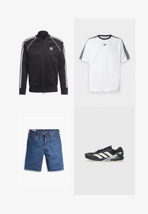 Melna zip-up jaka, izgatavota no gluda poliestera, ar baltām svītrām uz piedurknēm, ribotām aprocēm un mazu baltu logo uz krūšu daļas.; Baltā T-krekla izgatavots no kokvilnas, ar melnu apaļu kakla izgriezumu un trim melnām svītrām uz katra pleca. Mazs melns logo uz krūtīm.; Tumši zilie džinsu šorti ar taisnu piegriezumu, piecu kabatu dizainu un oranžiem diegiem. Iekļauta pogu aizdare un jostas cilpas.; Melnas sporta kurpes ar baltām svītrām, acs augšdaļa, noapaļots pirksts un mīksts zole. Iespējams ar teksturētu papēdi un drošu šņoru sistēmu.