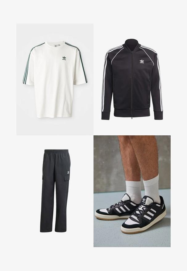 Juodas užtrauktukas švarkas, pagamintas iš lygaus poliesterio, su baltais dryžiais ant rankovių, susiūtomis rankovėmis ir mažuoju baltu logotipu ant krūtinės.; Balta medvilnės marškinėliai trumpomis rankovėmis, su tamsiai žaliomis juostelėmis per pečius ir mažuoju juodu Adidas logotipu ant krūtinės.; Juodų cargo kelnių su elastine juosta, dviem šoninėmis kišenėmis ir subtiliu logotipu kairėje šlaunyje. Pagaminta iš lengvos medžiagos.; Juodos ir baltos sportinės bateliai su zomšiniu ir odiniu viršumi, su trimis baltomis juostelėmis, perforuota koja ir guminėmis padais.