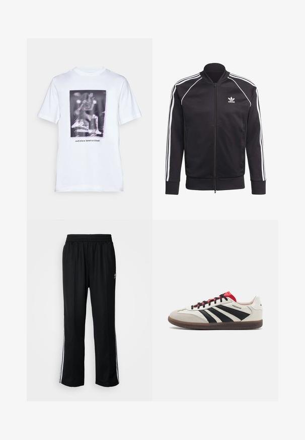 Mustapaita, jossa on sujuva polyesteri, valkoiset raidat hihoissa, ribatut hihansuut ja pieni valkoinen logo rinnassa.; Valkoinen puuvillapaita, jossa on graafinen printti koripalloilijasta ja tekstillä "adidas basketball" kuvan alla. Lyhyt hiha ja pyöreä kaula-aukko.; Mustat urheiluhousut, joissa on joustava vyötärö, valkoiset sivuraidat ja pieni logo. Materiaali näyttää pehmeältä ja kevyeltä.; Valkoiset ja mustat lenkkarit punaisilla yksityiskohdilla, joissa on mokkaa ja nahkaa päälliskäytössä, kolme mustaa raitaa, litteät nauhat ja kuvioitu kumipohja.