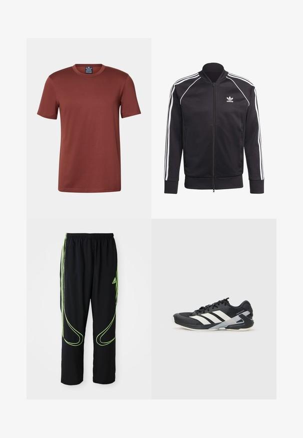 Czarna kurtka na zamek, wykonana z gładkiego poliestru, z białymi paskami na rękawach, ściągaczami na rękawach oraz małym białym logo na klatce piersiowej.; Champion - Koszulka sportowa; Czarne sportowe spodnie Adidas z neonowozielonymi, zakrzywionymi liniami i trzema paskami po bokach, elastycznym pasem i logo Adidas na przedniej udzie.; Czarne buty sportowe z białymi paskami, siateczkowa cholewka, zaokrąglony czubek i amortyzowana podeszwa. Posiadają teksturowany obcas i pewny system sznurowania.