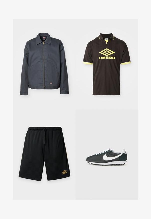 Ciemnoszara kurtka wykonana z wytrzymałego materiału. Posiada kołnierz, zamek z przodu, boczne kieszenie oraz małe logo na dolnej części frontu. Gładka tekstura.; Ciemnobrązowa koszulka polo z żółtymi akcentami, z geometrycznym wzorem, z kołnierzykiem na dwa guziki oraz dużym żółtym logo "UMBRO" z przodu.; Czarne szorty sportowe z delikatnym kratkowanym wzorem, elastyczny pasek w talii z sznurkiem, złote logo Umbro na dolnej części nogawki oraz złote paski po bokach.; Sneakers Nike w czarnej siateczce z białym swooshem, białymi sznurówkami i ciemnozielonymi akcentami z zamszu. Posiadają teksturowaną czarną gumową podeszwę.