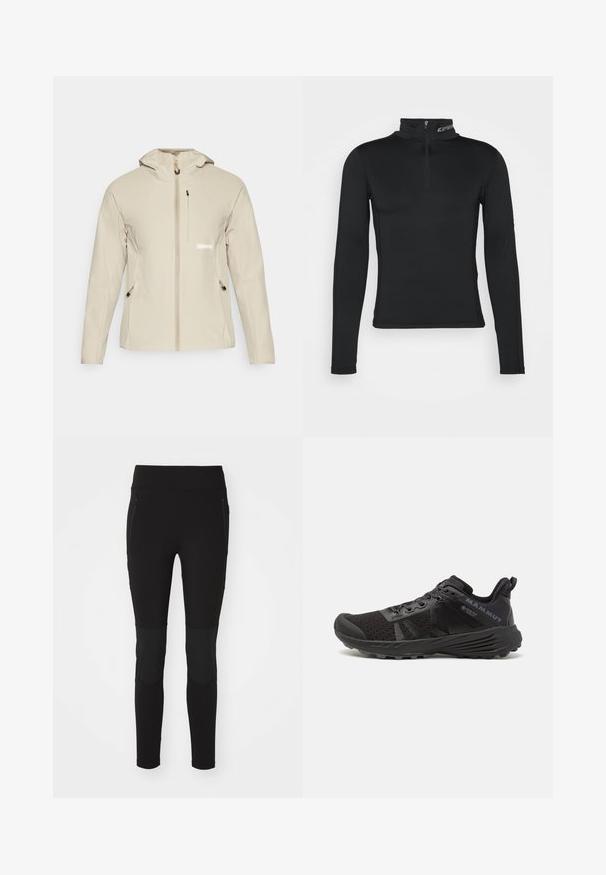 Beżowa kurtka o dopasowanym kroju, z przodu na zamek błyskawiczny, regulowanym kapturem i dwoma bocznymi kieszeniami, z czarnymi elementami metalowymi i detalem z logo.; Czarna baza z długim rękawem, z wysokim kołnierzem i zapięciem na ćwierć zamka. Gładka tekstura i dopasowany krój dla zoptymalizowanej wydajności.; Czarne legginsy sportowe o gładkiej teksturze, zsurowanymi kieszeniami i akcentami na kolanach, zaprojektowane z myślą o komforcie i elastyczności.; Czarne buty biegowe z teksturowaną siateczkową cholewką, wzmocnionym czubkiem i gumową podeszwą. Wyposażone w system sznurowania oraz detal logo po boku.