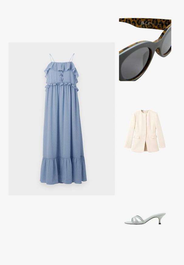 Vaaleanbeige räätälöity takki, jossa on istuva malli, pyöreä kaulus ja etutaskut. Sujuva kangas, joka tuo esiin minimalistisen estetiikan.; Hofmann Copenhagen CECILY - Maksimekko - lavender blue; Vaaleanharmaat korkokengät, joissa on kolme ristikkäistä hihnaa, hoikka profiili ja kapeat korot. Sujuva pinta, jossa on hieman kiiltävä viimeistely.; Aurinkolasit, joissa on leopardikuosiset linssit, harmaat kehykset, pyöreät linssit ja teksturoidut tempauksen. Sisäpuolella on valmistajan tiedot.