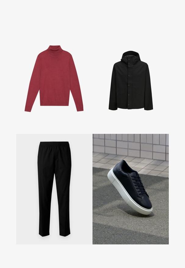 Svart vattentät jacka med huva, tryckknappsstängning och två framfickor med en enkel design och slät textur.; Röd turtlenecktröja gjord av mjukt stickat tyg. Har långa ärmar och en figursydd design. Slät textur utan synliga mönster eller hårdvara.; Svarta byxor med elastisk midja, med en rak bendesign. Tyget ser slätt ut med en matt yta, inga synliga mönster.; Svart lädersneaker med rundad tå och vit gummisula. Har platta snören och minimal sömnad på ovansidan. Texturerad sula för grepp.