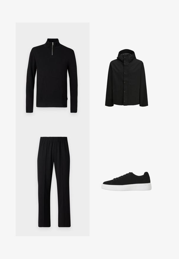 Fekete vízálló dzseki álló gallérral, patentos záródással és két elülső zsebbel, egyszerű dizájnnal és sima textúrával.; Fekete hosszú ujjú pulóver magas gallérral és rövid ezüst cipzárral az elülső középen.; Fekete, gumíros derekú nadrág egyenes szabással, sima felülettel, látható minták vagy fémrészek nélkül.; Fekete velúrbőr sneaker kerek orral, fűzős előlappal és fehér gumitalppal. Egyszerű dizájn minimális díszítéssel és sima felülettel.