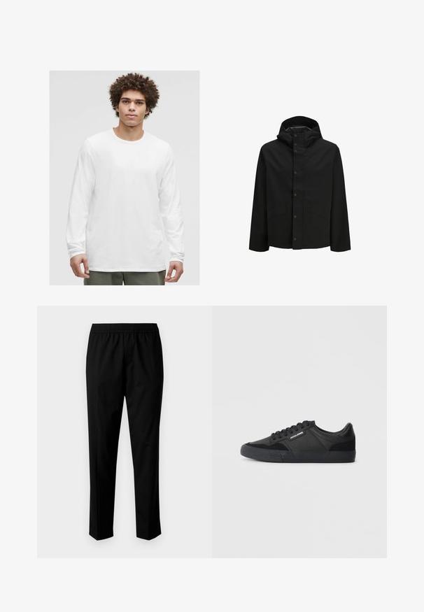 Melnā ūdensnecaurlaidīgā jaka ar kapuci, sprādzes aizdari un divām priekšējām kabatām, ar vienkāršu dizainu un gludu tekstūru.; Balta garām piedurknēm T-kreklu ar apaļu kakla izgriezumu, izgatavots no mīksta auduma, ar brīvu piegriezumu un bez redzamām logo vai rakstiem.; Melni bikses ar elastīgu jostu, kurām ir taisna kāja. Audums izskatās gluds ar matētu tekstūru, nav redzamas rakstzīmes.; Melni sporta apavi ar ādas un zamša materiālu kombināciju, aprīkoti ar apaļajām auklām, teksturētu gumijas zoli un zīmola logotipu sānos.