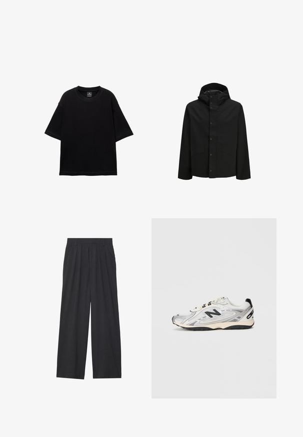 Giacca nera impermeabile con cappuccio, chiusura a bottoni a pressione e due tasche frontali, dal design semplice e dalla texture liscia.; T-shirt nero a maniche corte in cotone, con scollatura rotonda e vestibilità comoda. Texture liscia con dettagli di cucitura minimi.; Pantaloni a gamba larga realizzati in tessuto grigio scuro. Presentano pences in vita, un design sartoriale e una silhouette dritta.; Scarpa sportiva grigia e bianca con punta arrotondata, realizzata in materiali sintetici e mesh, dettagli neri e suola in gomma testurizzata.