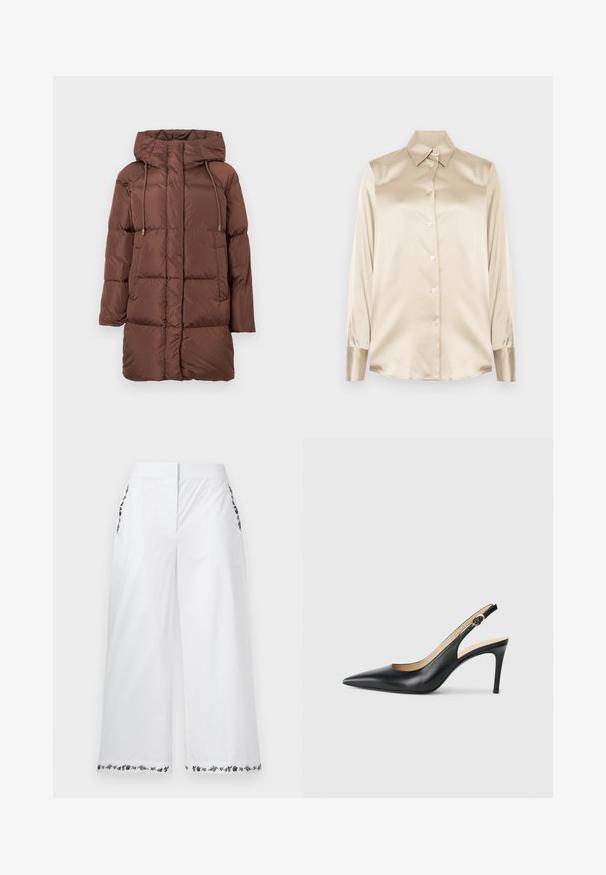 Bruine pufferjas met capuchon, voorzien van een gewatteerd ontwerp, trekkoorddetails, lange mouwen en een middellange snit. Soepele textuur.; Beige satijnen shirt met een puntige kraag, lange mouwen, knoopsluiting en manchet in een iets glanzender afwerking. Geen patronen of accenten.; Witte broeken met wijde pijpen en bloemenborduurwerk op de zakken en zoom. Gemaakt van een soepel stof, met een neutraal ontwerp en een perfect afgestemde pasvorm.; Zwarte leren slingback-hakken met een spitse neus, verstelbare band en een elegante stiletto-hak, met een gladde afwerking.