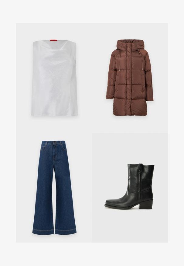 Braune Pufferjacke mit Kapuze, die ein gestepptes Design, Kordelzug-Details, lange Ärmel und einen mittellangen Schnitt aufweist. Glatte Textur.; Weißes ärmelloses Top mit subtiler glänzender Oberfläche,quadratischem Ausschnitt und lockerer Passform. Hergestellt aus glattem Stoff mit minimalistischer Gestaltung.; Weite blaue Jeans aus Denim mit hoher Taille, ausgestattet mit einem Knopfverschluss, Gürtelschlaufen und dezenten Stichdetails an den Taschen und Säumen.; Schwarze Leder-Ankle Boots mit runder Zehenform, Blockabsatz, seitlichem Reißverschluss und gestickten Akzenten auf dem Blatt. Glatte Textur, klassisches Design.