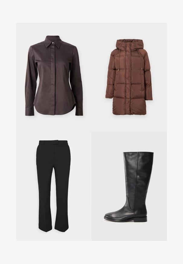 Hnědý péřový kabát s kapucí, který má prošívaný design, stahovací detaily, dlouhé rukávy a střední délku. Hladká textura.; Tmavě hnědá košile s dlouhým rukávem, zapínáním na knoflíky a špičatým límečkem, na bílém pozadí.; Černé kalhoty na míru se střihovým designem rovného nohavice, mají poutka na opasek a boční kapsy. Vyrobené z hladké tkaniny s čistým zakončením.; Černá kožená holínka do kolen s nízkým podpatkem a zaoblenou špičkou, ukazující švy podél lýtka a svršku.