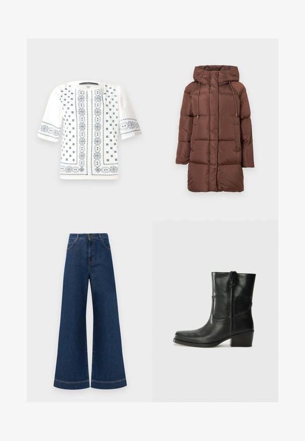 Manteau en duvet marron avec une capuche, présentant un design matelassé, des accents à cordon de serrage, des manches longues et une coupe mi-longue. Texture lisse.; Blouse blanche à manches courtes avec broderie florale bleue, un col rond et des motifs délicats sur le devant et les manches.; Jeans en denim bleu à taille haute et jambes larges, avec une fermeture à bouton, des passants de ceinture et des détails de couture subtils le long des poches et des ourlets.; Bottine en cuir noir avec un bout rond, un talon carré, une fermeture éclair sur le côté et des coutures décoratives sur l'empeigne. Texture lisse, design classique.