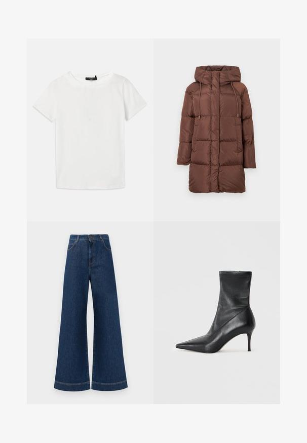 Brun pufferjakke med hætte, der har et quiltet design, snøre detaljer, lange ærmer og en mellemlang længde. Glat tekstur.; Hvid T-shirt med korte ærmer lavet af blødt bomuld, med en rund halsudskæring og en lige kant, uden synlige mønstre eller accenter.; Bredde ben blå denim jeans med høj talje, der har knaplukning, bæltestropper og diskrete syninger langs lommerne og kanterne.; Sort læder ankelstøvle med spids tå, slank stilettohæl og tætsiddende soklignende overdel. Glat tekstur med minimal syning.