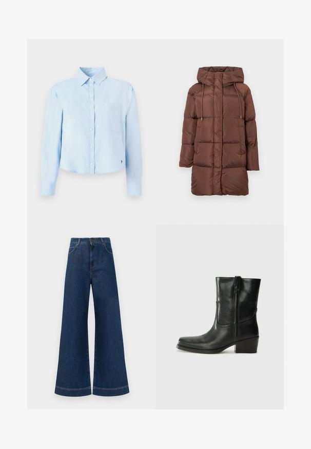Casaco puffer marrom com capuz, apresentando um design acolchoado, detalhes com cordão, mangas compridas e um corte de comprimento médio. Textura lisa.; Camisa cropped de manga longa, azul clara, com gola de botão, um bolso no peito e um logótipo discreto na parte inferior. Textura suave.; Jeans azul de perna larga com cintura alta, apresentando um fecho de botão, passantes para cinto e detalhes de costura discretos ao longo dos bolsos e das bainhas.; Bota de tornozelo em couro preto com bico arredondado, salto bloco, fecho lateral e detalhes em costura na parte frontal. Textura suave, design clássico.