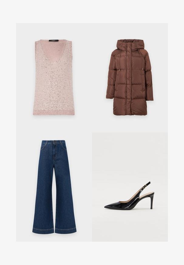 Casaco puffer marrom com capuz, apresentando um design acolchoado, detalhes com cordão, mangas compridas e um corte de comprimento médio. Textura lisa.; Top sem mangas, com decote em V, na cor rosa claro com textura canelada, apresentando lantejoulas prateadas espalhadas para um detalhe cintilante.; Jeans azul de perna larga com cintura alta, apresentando um fecho de botão, passantes para cinto e detalhes de costura discretos ao longo dos bolsos e das bainhas.; Sandal com salto em verniz preto, bico fino, salto esguio e um design de recorte subtil. Apresenta uma fivela dourada na alça.