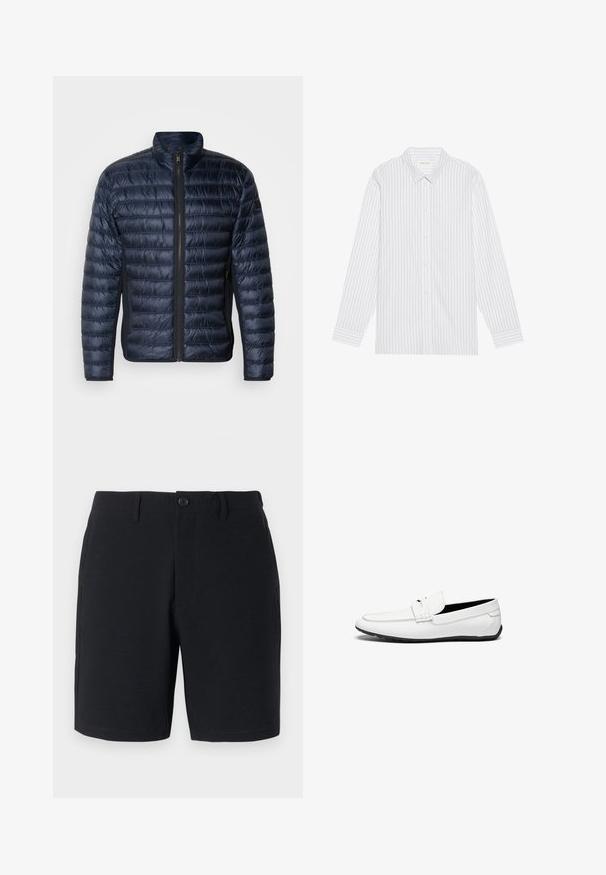 Granatowa puchowa kurtka z poziomymi przeszyciami, wysokim kołnierzem i zamkiem błyskawicznym z przodu. Posiada boczne kieszenie oraz gładką, błyszczącą fakturę.; Biała koszula na guziki z cienkimi czarnymi pionowymi paskami, z klasycznym kołnierzykiem i długimi rękawami z zapięciem na guziki.; Czarne szorty wykonane z teksturowanej tkaniny, z zapięciem na guzik, paskiem, oraz bocznymi kieszeniami; dopasowany krój z wykończeniami szwów.; Białe skórzane mokasyny o gładkim wykończeniu, z przeszytym akcentem, zaokrąglonym noskiem i czarną gumową podeszwą dla lepszej przyczepności.