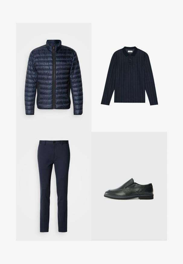 Navy blue puffy jacket with horizontal quilted stitching, high collar, and zippered front. Features side pockets and a smooth, shiny texture.; Navy long-sleeve polo shirt with a collared neckline, featuring thin vertical stripes and three-button placket. Soft fabric texture.; Navy trousers made from a smooth, stretch fabric. Features a zip fly, a single button closure, and slim, tapered legs.; Black leather slip-on shoe with a smooth upper, stitched accents, rounded toe, and a low rubber heel. Sole features minimal tread.