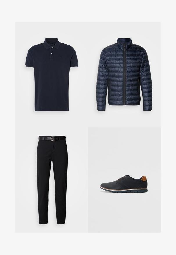 Námořnická modrá péřová bunda s horizontálním prošíváním, vysokým límcem a zipem vpředu. Obsahuje boční kapsy a hladký, lesklý povrch.; Námořnická modrá polo košile s krátkým rukávem, vyrobená z bavlny, s klasickým límečkem, dvěma knoflíky a malým logem na prsu. Hladká textura.; Černé kalhoty s rovný střih, s hladkým povrchem a černým koženým pásem se stříbrnou sponou. Jednoduchý design, bez vzorů nebo doplňků.; Černé syntetické boty s texturovaným svrškem, hladkými detaily, hnědým podpatkem a kontrastní podrážkou. Obsahují minimální šněrování a švy.