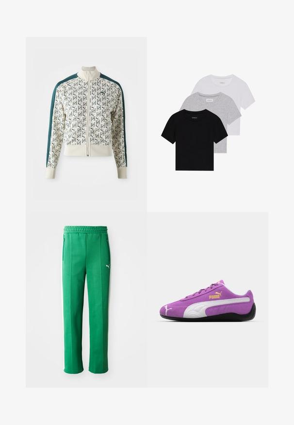 Jakna z bežnim telesom in ponavljajočim se zelenim logotipom, kontrastnimi temnozelenimi rokavi, visokim ovratnikom in sprednjim zadrgo.; Komplet treh majic s kratkimi rokavi v črni, sivi in beli barvi. Izdelane iz bombaža, z okroglim izrezom in preprostim, enobarvnim dizajnom.; Zelene športne hlače z teksturiranim zaključkom, elastičnim pasom, stranskimi žepi in belimi stranicami. Logotip blagovne znamke vidno na sprednji strani.; Vijolični sueđ športni copati z belimi detajli, zlatim logotipom "Puma", teksturirano zasnovo in črnim gumijastim podplatom. Nizkopršen športni slog.