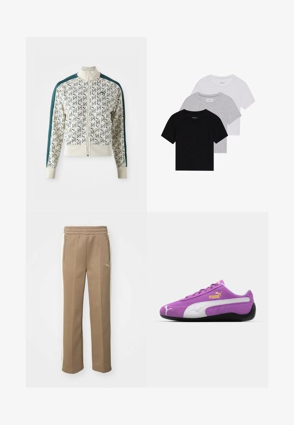 Bunda s krémovým telom a opakujúcou sa zelenou logovou potlačou, kontrastnými tmavohnedými rukávmi, vysokým golierom a predným zipsom.; Sada troch tričiek s krátkym rukávom v čiernej, šedej a bielej farbe. Vyrobené z bavlny, s okrúhlym výstrihom a jednoduchým, jednofarebným dizajnom.; Hnedé tepláky vyrobené z jemného materiálu, s bielym bočným prúžkom, elastickým pásom a zipsovými vreckami na oboch stranách.; Fialové semišové tenisky s bielymi akcentmi, zlatým logom "Puma", textúrovaným dizajnom a čiernou gumovou podrážkou. Nízkoprofilový atletický štýl.