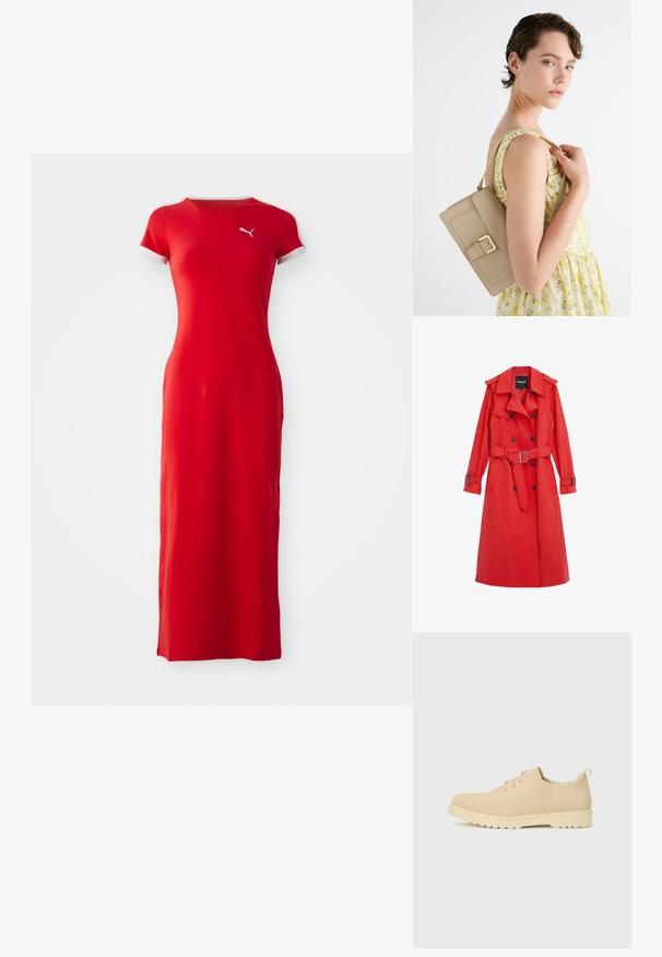 Sile punane trench coat, mis on valmistatud siledast materjalist, vöökohaga ja kinnitatakse beldiga. Kahekordse nööpide ridadega ning õlavarre epaulettidega. Omab pikki varrukaid ja küljetaskuid.; Punane maksikleit sujuvast kangast. Lühikesed varrukad valge äärega. Rinnal on väike logo. Üksikute vormide ja põrandani ulatuv pikkus.; Beež nubukist nööriga kingad, ümmarguse nina, tekstuuriga pinnaga ja paksu valge kummist tallaga, millel on mustrimuster.; Bež nahkrahakott struktureeritud disainiga, kuldse bukaatoriga ja reguleeritava rihmaga, esitatud heleda tausta ees.