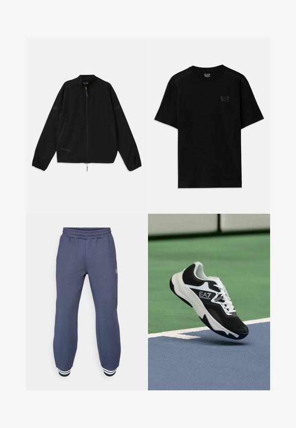 Casaco preto dobrável feito de material leve, com frente com fecho éclair, bolsos laterais e detalhes em cinza e verde.; T-shirt de algodão preto com mangas curtas, apresentando um logo discreto no peito e detalhes texturizados nos ombros. Corte clássico.; Calças de fato azul-marinho feitas de um tecido macio, com um cós elástico e punhos canelados com riscas brancas nos tornozelos; padrão texturizado subtil.; Ténis EA7 Emporio Armani a preto e branco suspenso acima das linhas azuis e verdes de um tribunal de ténis.