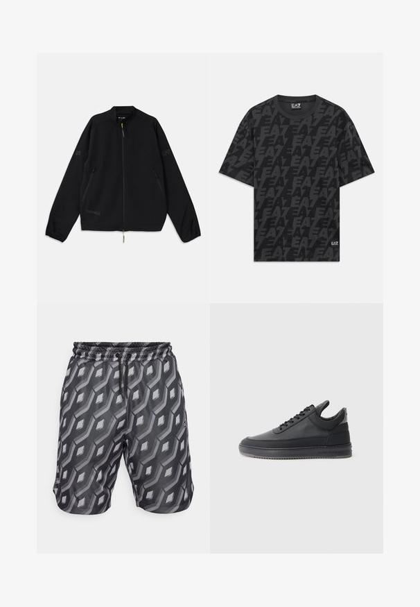 Fekete, összecsukható dzseki könnyű anyagból, cipzáras elöl, oldalzsebekkel és szürke, zöld logókkal díszítve.; Fekete, rövid ujjú, kerek nyakú póló, ismétlődő sötétszürke "EA7" logókkal, és egy kis EA7 Emporio Armani címkével az alján.; Fekete rövidnadrág geometrikus szürke mintával, rugalmas derékpánt zsinórral, és látható oldalsó zsebekkel. Könnyű anyagból készült.; Fekete bőr sportcipő, textúrázott felülettel, fűzős dizájnnal, alacsony szárú kivitelben, szürke gumi talppal, mely bordázott peremmel rendelkezik.