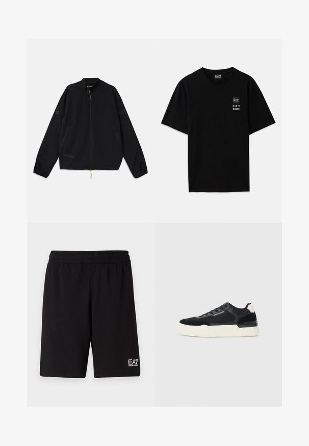 Svart sammenleggbar jakke laget av lett materiale, med glidelås foran, sidelommer og logo-detaljer i grått og grønt.; Svart bomulls t-skjorte med kort erm, rund hals og et lite logo-merke foran med pleiesymboler i hvitt.; Svarte treningsshorts laget av mykt stoff, med elastisk midjebånd og en liten hvit logo nederst til høyre.; Svart sneaker laget av mesh og lær, med en tykk hvit såle og kontrasterende detaljer. Lissene og logoen er detaljer på siden.